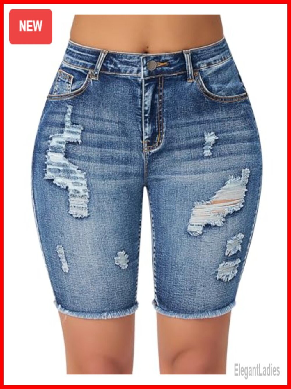 Distressed High Waisted Bermuda Denim Shorts Stretchy Frayed Hem - Womens